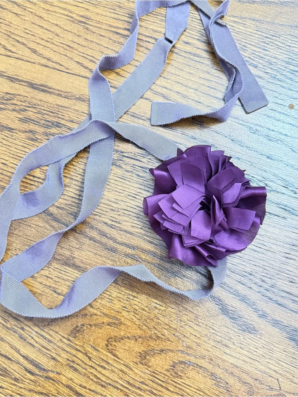 J. Crew Purple Fabric Flower belt with Gray Ribbon Tie